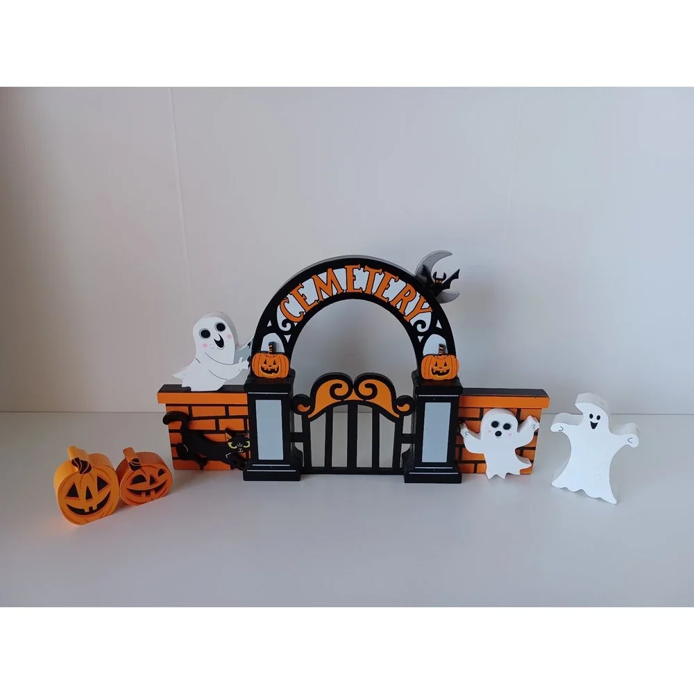 Cemetery With Ghosts And Pumpkins Decor Piece Halloween Holiday Seasonal